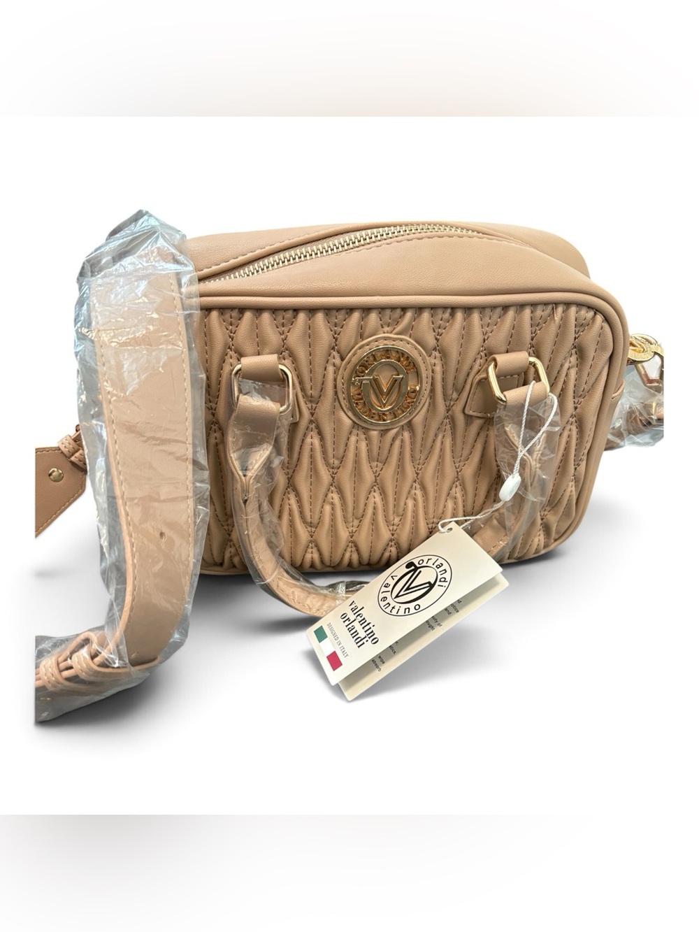 Valentino Orlandi Taupe Quilted Chevron Crossbody Bag Gold Hardware NWT